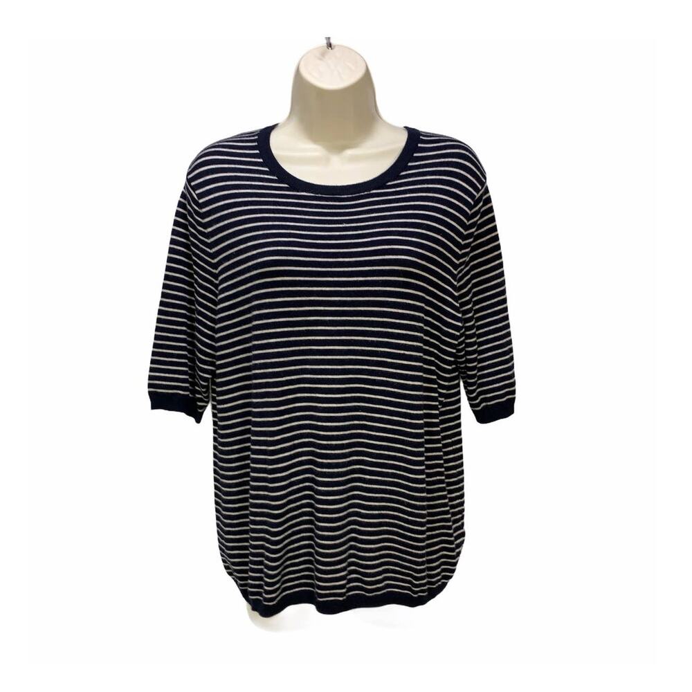 Premise Studio Womens Striped Top Size XL Navy Blue Stretch Blouse Soft Zipper